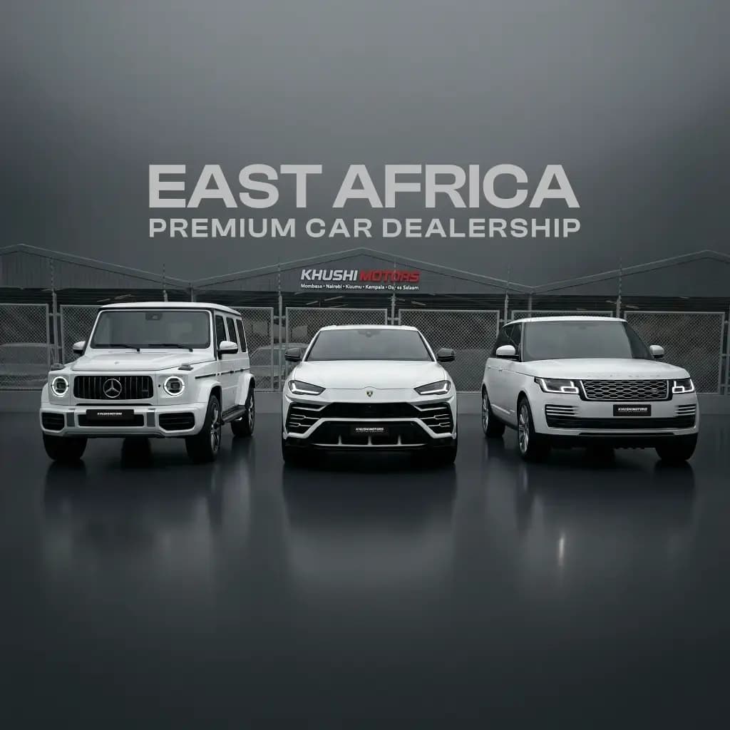 Khushi Motors social preview: three white SUVs in front of the showroom, titled East Africa premium car dealership